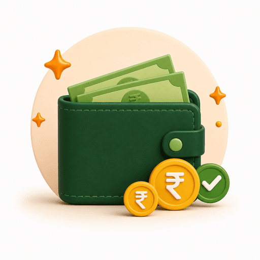 Wallet with cash and a rupee coin